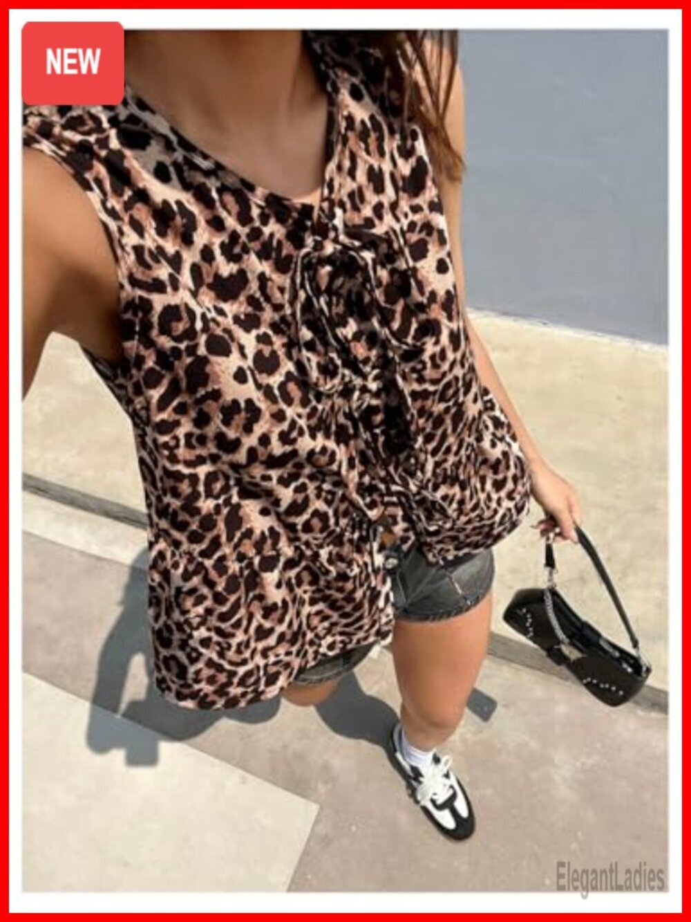 Sleeveless Cheetah Print Bow Front Peplum Babydoll Tank Top - Picture 3 of 5